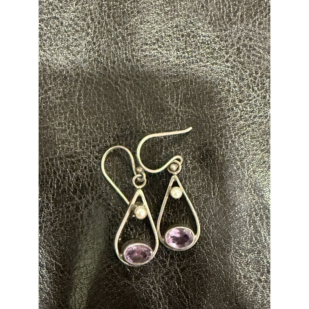 Sterling Silver Amethyst Pearl Teardrop Dangle Earrings 925‎ Hook